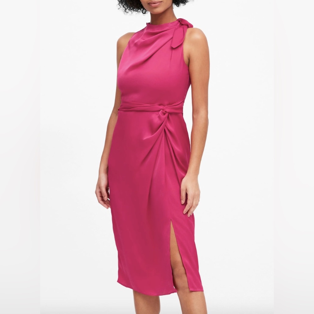 Banana Republic Satin Tie-Neck Sheath Dress Size 14 Pink Sleeveless